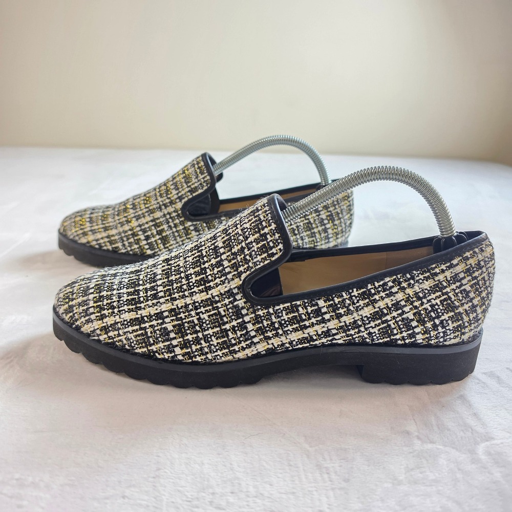 Karl Lagerfeld Paris Iman 2 Tweed Loafers Black White Gold Metallic Womens 10M